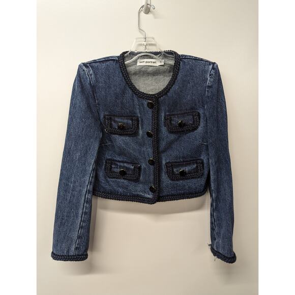 Self-Portrait Women's Braid-Trim Denim Jacket Cropped Boxy Blue Size US 4 - Picture 1 of 9